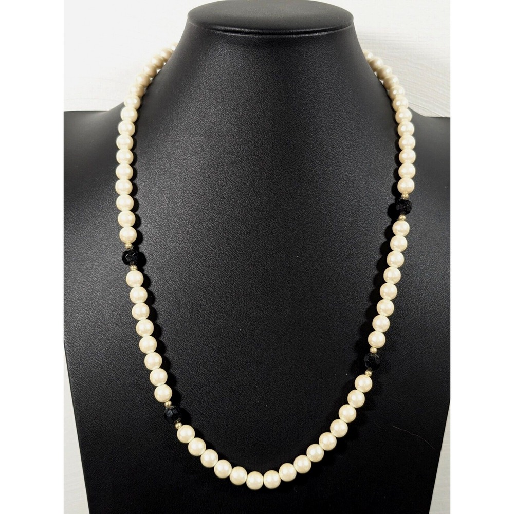 Vintage Style Faux Pearl Necklace Ivory & Black Bead Classic 24"